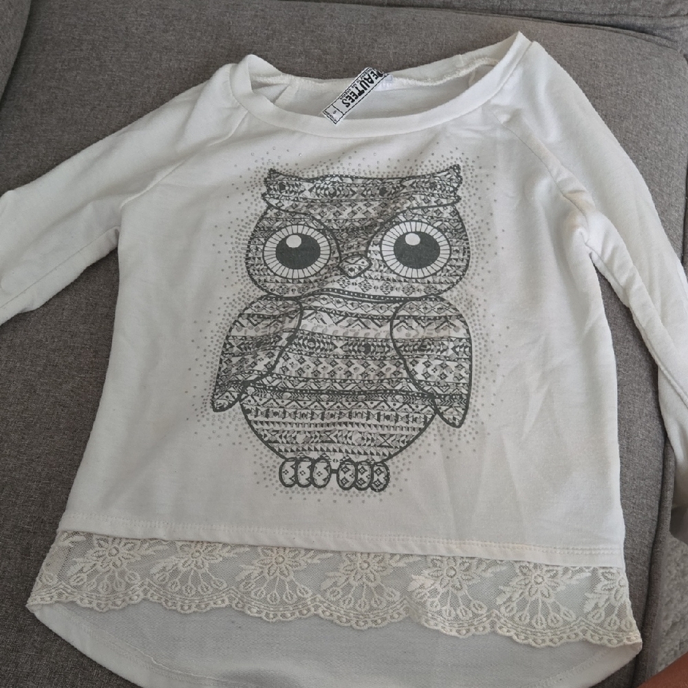 Beautees Cream Owl Print Long Sleeve Top (S)  ~10/12